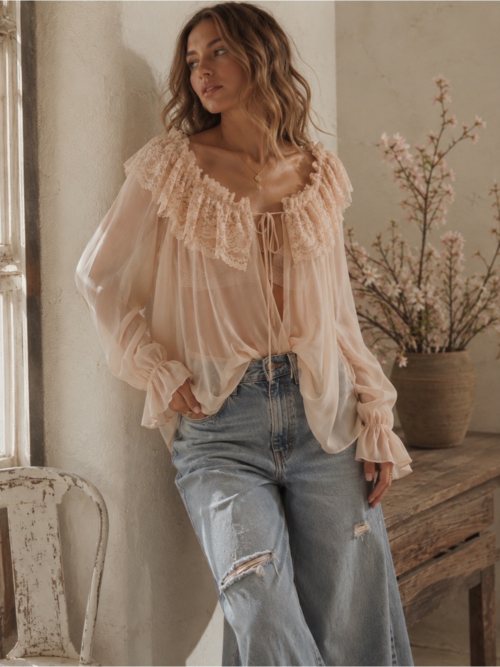 Vintage Versailles Blush Lace Ruffle Tunic Blouse | Sheer Boho Mini Dress